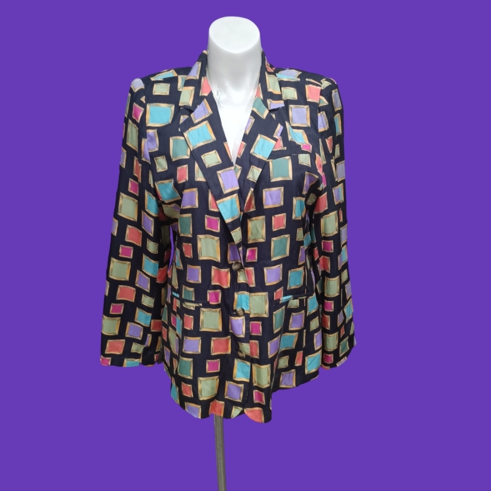100% Silk Blazer Picture Frame Colorblock 90s Vibe Jacket Women's Size 12 - Picture 3 of 4